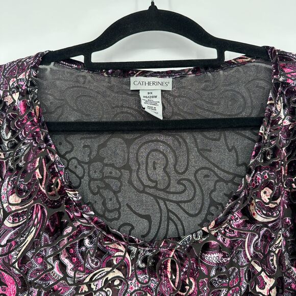 Catherines Womens Velvet Burnout Tunic Top Size 3X Purple Paisley Scoop Neck - Picture 3 of 8